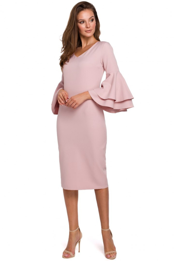 Sukienka Midi - Elegancka Ołówkowa Dekolt V - różowa